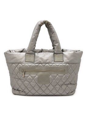 Chanel Coco Cocoon Tote MM Shoulder Bag Quilted Nylon Silver